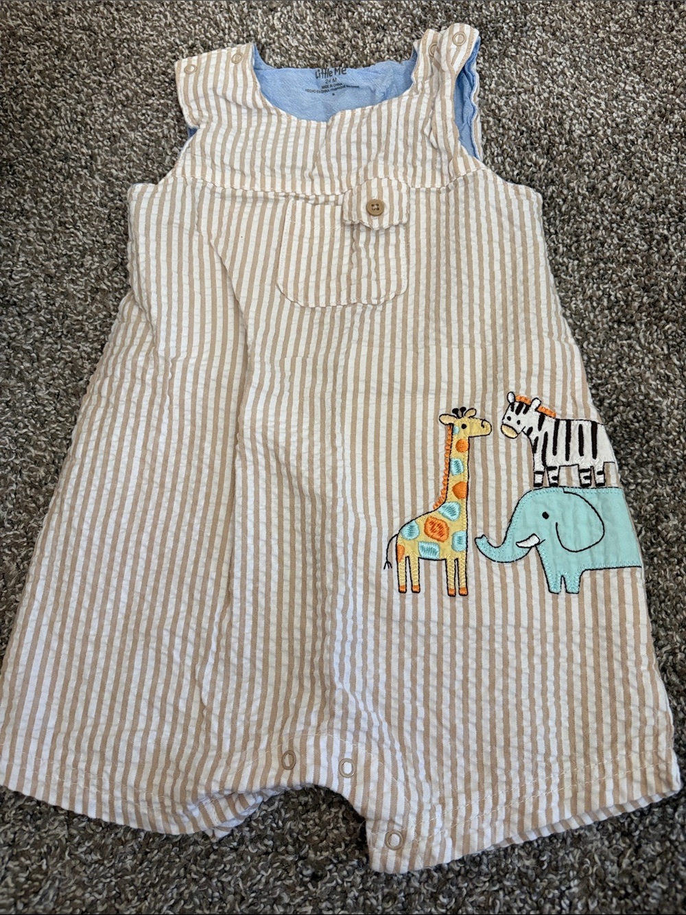 Little Me Beige & White Striped Romper with Colorful Animal Appliqué